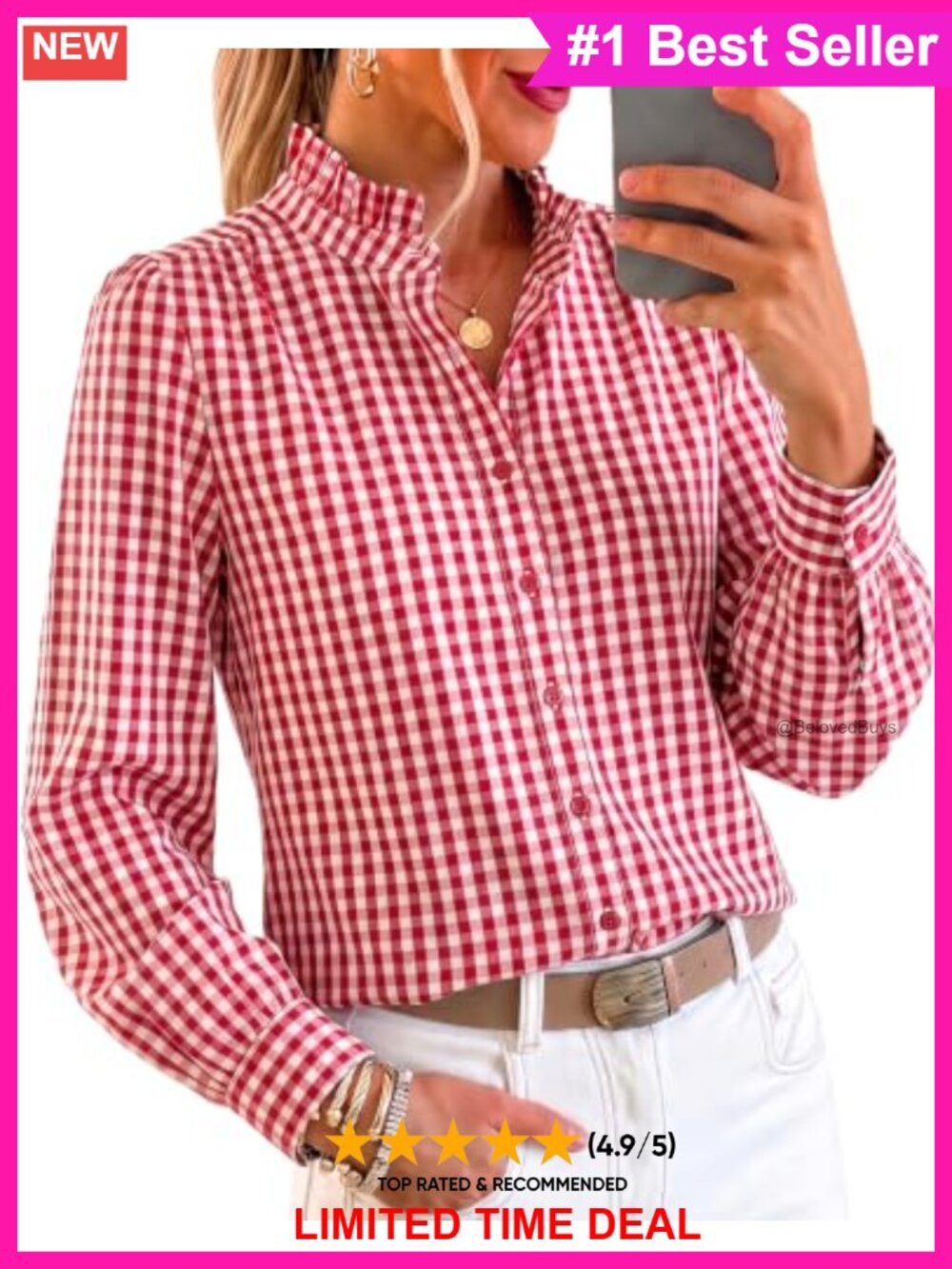 Cicy Bell Cotton Button Down Shirt Ruffle Neck Plaid Blouse